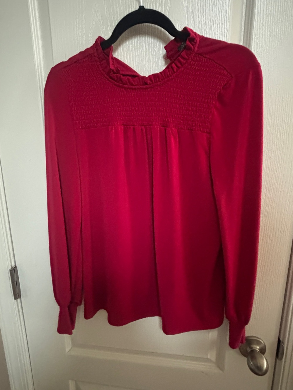 Adrienne Vittadini Red Long-Sleeve Smocked Yoke Blouse